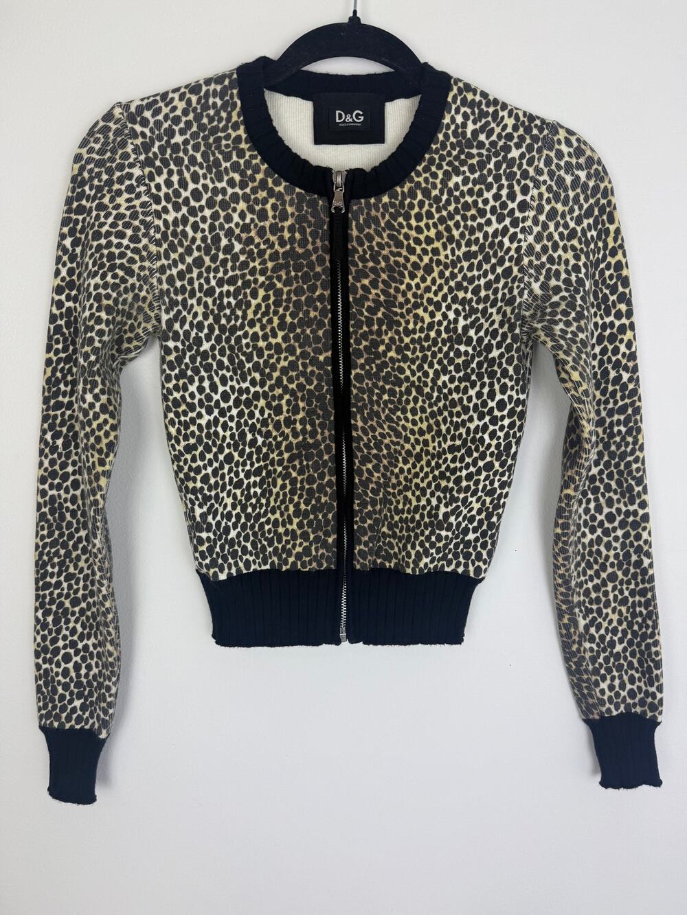 Vintage Womens Dolce & Gabanna Leopard Rib Knit Retro Full-Zip Sweater jacket XS